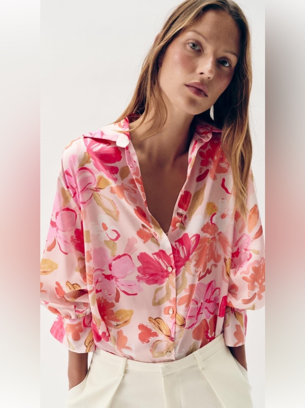 Zara Pink Floral Button-Up Blouse